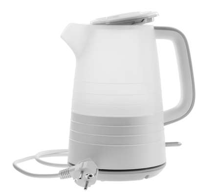 Electric kettle gray with an open lid with stand and cord for switching on a white isolated backgroundの写真素材