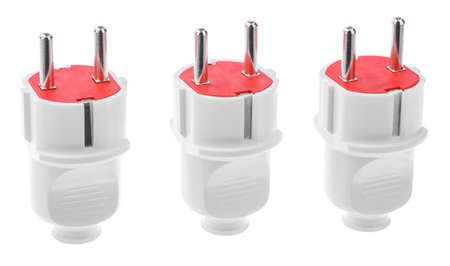 Three electric plugs on white isolated background