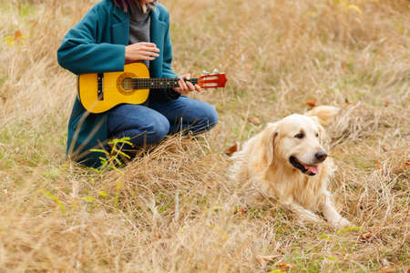 Girl playing the guitar next to the retrieverの写真素材