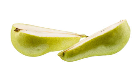 A juicy, ripe, appetizing pear lies horizontally isolated on a white background. The concept of fruit.の写真素材