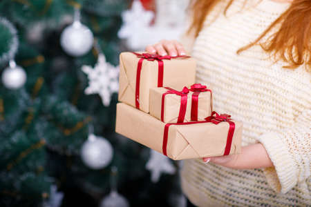 Womans hands hold a New Year present on the background of a Christmas tree.の写真素材