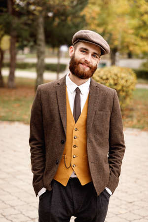 Gangster in the autumn park, retro. On open air.の写真素材