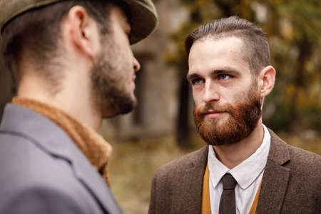 Gangster in the autumn park, retro. On open air.の写真素材