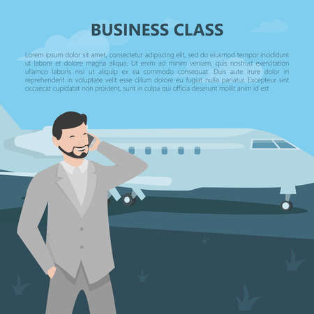 Silhouette of a man near an airplane. Business Class. The concept of business. Vector illustration.のイラスト素材
