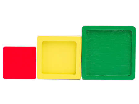 Different squares in size and color stand in a row for the development of a child on a white...