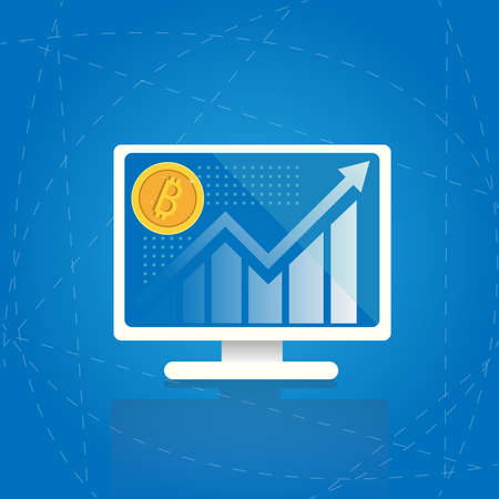 Dynamic chart with a bitcoin icon on the monitor of a stationary computer. The concept of virtual currency. Vector illustration.のイラスト素材