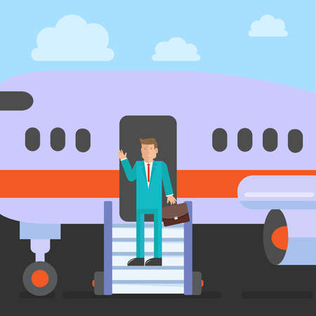 A happy man in a business suit and bag, coming out of a private plane and waving a friendly hand. The concept of flying in an airplane. Vector illustration.のイラスト素材