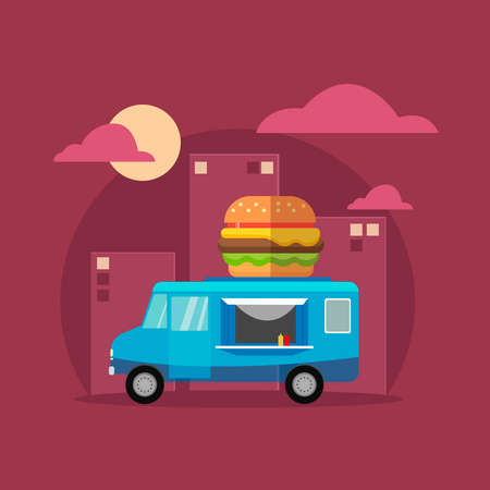 A blue fast food van with a big burger on the roof rides through the night city. The concept of fast food. Vector illustration.のイラスト素材