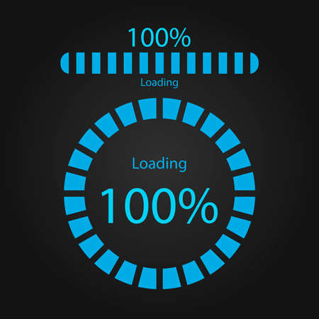Sign that system is download, data load, progress bar. Blue icons on a black background. Vector illustration.の写真素材