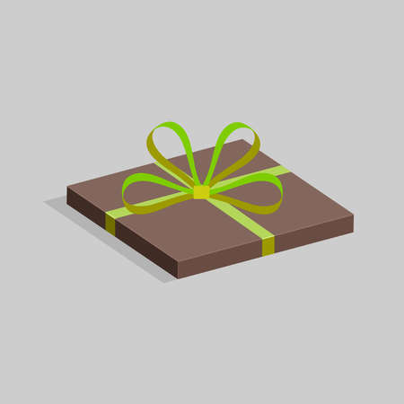 Flat square gift box of brown color wrapped in green ribbon and bow. On a gray background. The concept of a holiday. Vector illustration.のイラスト素材