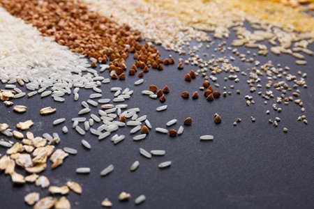 Set of cereals close-up on a black backgroundの写真素材