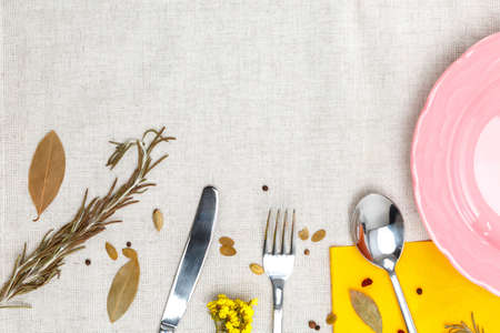 Pink plate on burlap with apples and spicesの写真素材