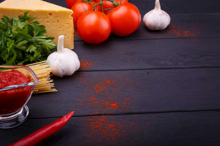 Creative layout of products for cooking spaghetti. Close-up. Indoors.の写真素材
