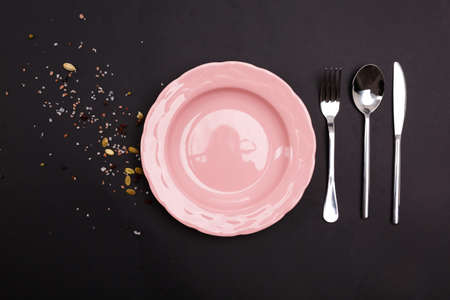 A pink plate lie on a black background with spicesの写真素材