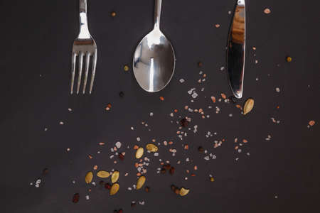 Cutlery on a black background with spices and saltの写真素材