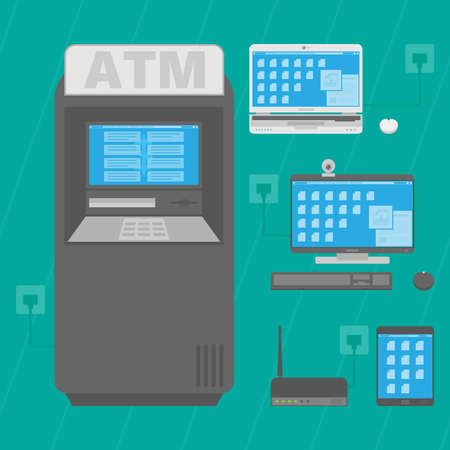 Cash dispenser for cash, laptop, desktop computer, router and tablet. Vector illustration.のイラスト素材