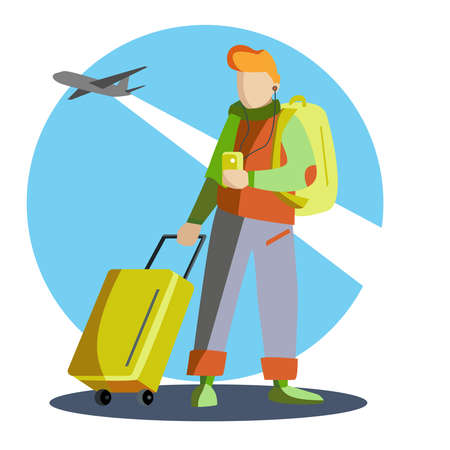 A tourist in a green jacket, backpack and tourist bag. The concept of tourism. Vector illustration.のイラスト素材
