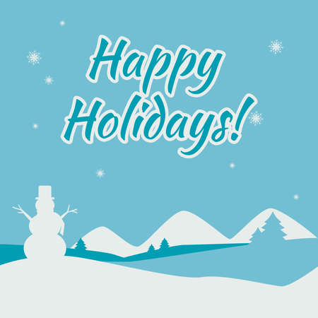 Banner Happy Holidays with the image of a winter nature and a snowman. Vector illustration.のイラスト素材