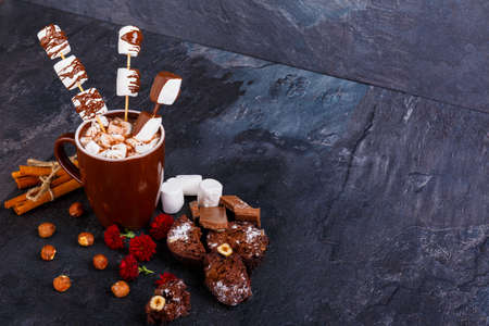 A cup of hot chocolate with marshmallows in chocolate on a stick next to hazelnuts, flowers, marshmallow and cinnamon sticksの写真素材