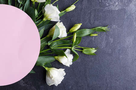 Japanese roses lie in a semicircle are shown not completely to the left on a stone backgroundの写真素材