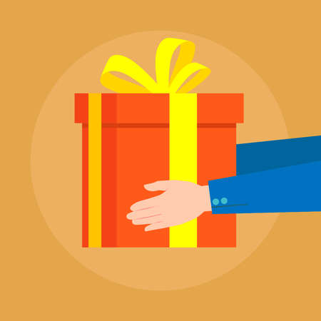 Man holding a square red festive gift box Vector illustration.のイラスト素材