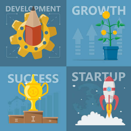 A set of a rocket coins in a pot a pedestal with a cup and a pencil with a gear. Vector illustration.のイラスト素材