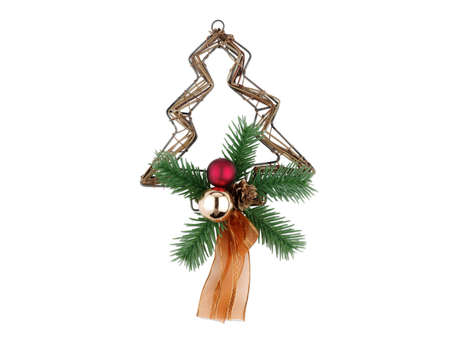 Decorative Christmas tree with small balls and ribbon. Isolated on white.の写真素材