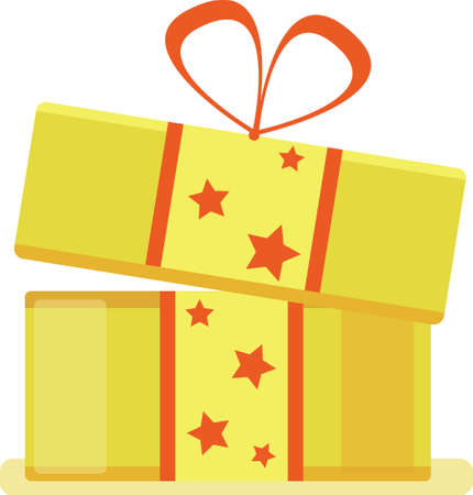 A big yellow New Years gift box with a red ribbon, isolated on a white background vector illustration.のイラスト素材