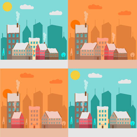 A set of snowy streets in the city. Urban winter landscapes. Beautiful winter town. Vector illustration.のイラスト素材