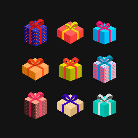 A set of multi-colored gift boxes with ribbons on a black background. Presents for holidays. Vector illustration.のイラスト素材