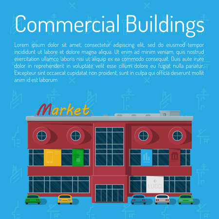 Supermarket building on a blue background. Commercial buildings market concept. Vector illustration.のイラスト素材