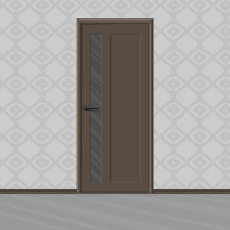 Ramp brown wooden new door with doors glass frame in a room. Home interior. Vector illustration.のイラスト素材