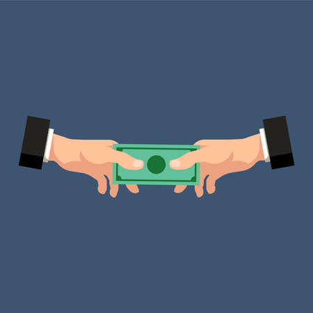 Hand giving money to another hand. Handshake with money. Financial and bribery concept. Vector illustration.のイラスト素材