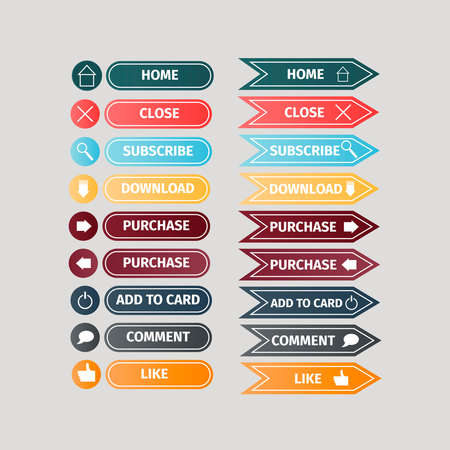 Set of multicolored buttons for websites with icons on a grey background. Website buttons design vector illustration.のイラスト素材