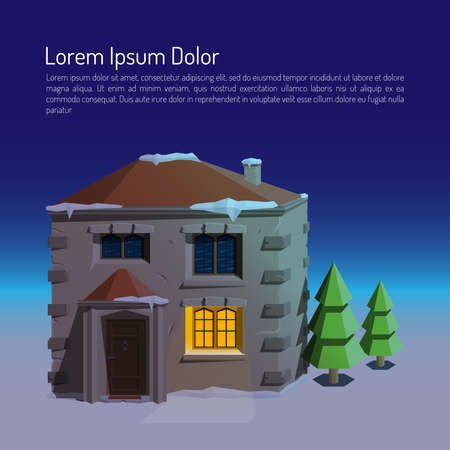 Winter flat landscape with a medieval house and two Christmas trees at night. Colored vector illustration.のイラスト素材