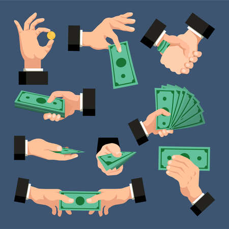 A set of hands with dollars, coins, money on a dark blue background. Finance concept. Vector illustration.のイラスト素材