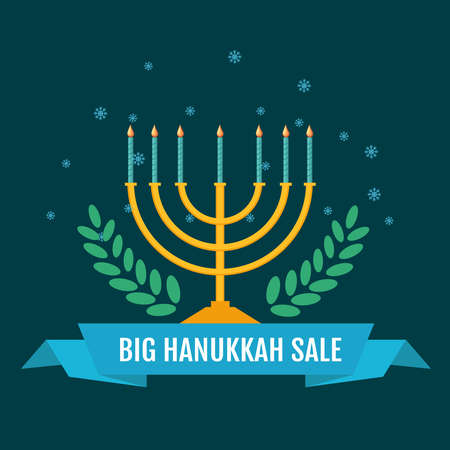 Hanukkah sale for an emblem, sticker or logo with menorah with burning candles. Vector illustration.のイラスト素材