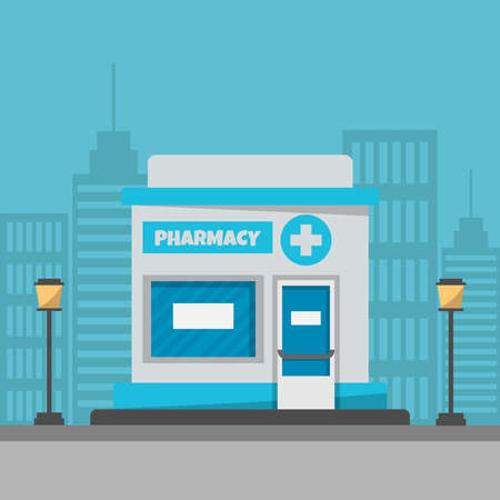Facade of pharmacy store in urban space. Vector illustration.のイラスト素材