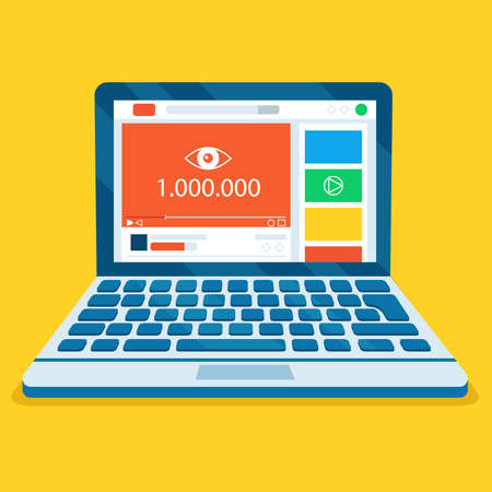 An open laptop with popularity banner on a bright yellow background.のイラスト素材