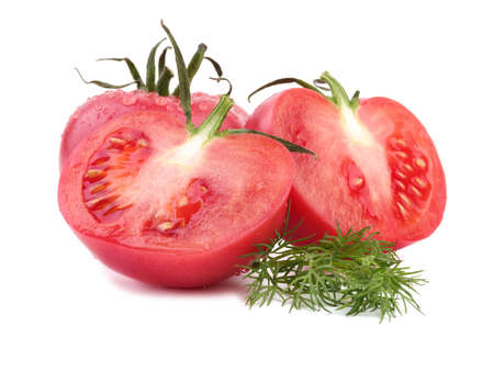 Bright red fresh tomatoes with leaves, isolated on a white background. Ripe, juicy and organic cherry tomatoes. Healthy vegetables full nutritious vitamins.の写真素材