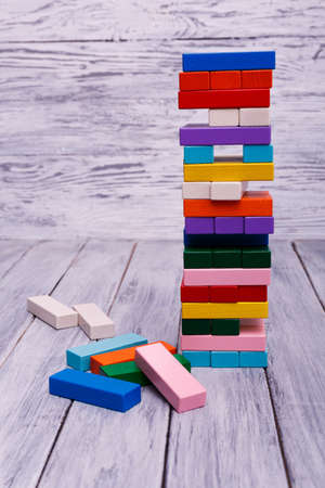 Ecological wooden game Janga or tower. Entertainment activity. Game of physical and mental skill.の写真素材