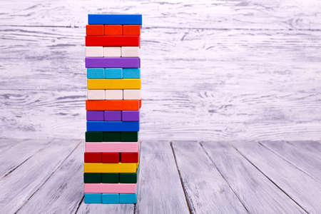 Ecological wooden game Janga or tower. Entertainment activity. Game of physical and mental skill.の写真素材