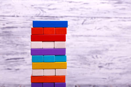 Ecological wooden game Janga or tower. Entertainment activity. Game of physical and mental skill.の写真素材