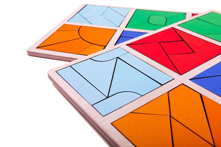 Educational ecological wooden toys for children. Red, yellow, pink, blue geometric figures isolated...