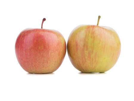 Two whole bright red apples isolated on white background. Healthy fruits. A couple of juicy and organic apples.の写真素材