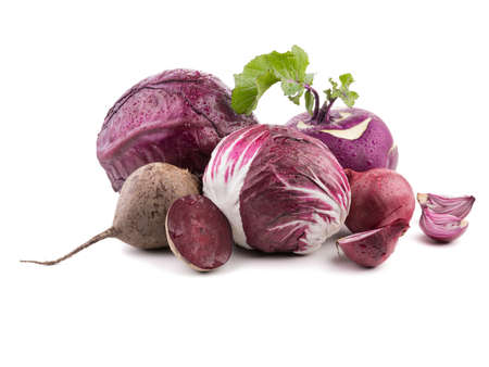 Whole purple head of red cabbage, onion, beet, turnip, radish, isolated on a white background. A concept of organic vegetablesの写真素材