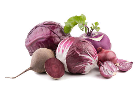 Whole purple head of red cabbage, onion, beet, turnip, radish, isolated on a white background. A concept of organic vegetablesの写真素材