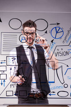 A young successful businessman talking and deciding problems on the phone on a transparent board in the office.の写真素材