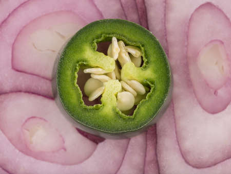 Raw fresh and red sliced onion rings and a green pepper with seeds as a background. A concept of healthy vegetables full of vitamins.の写真素材