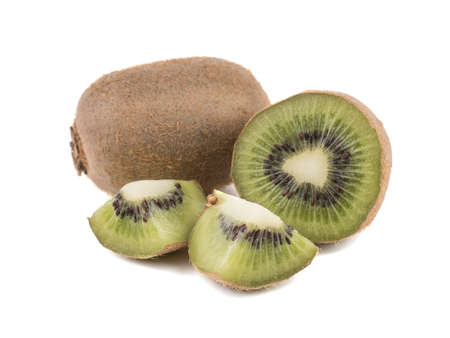 Sliced on halves and whole ripe kiwis isolated on a white background. Hairy brown kiwi with seeds. A concept of exotic fruits full of vitaminsの写真素材